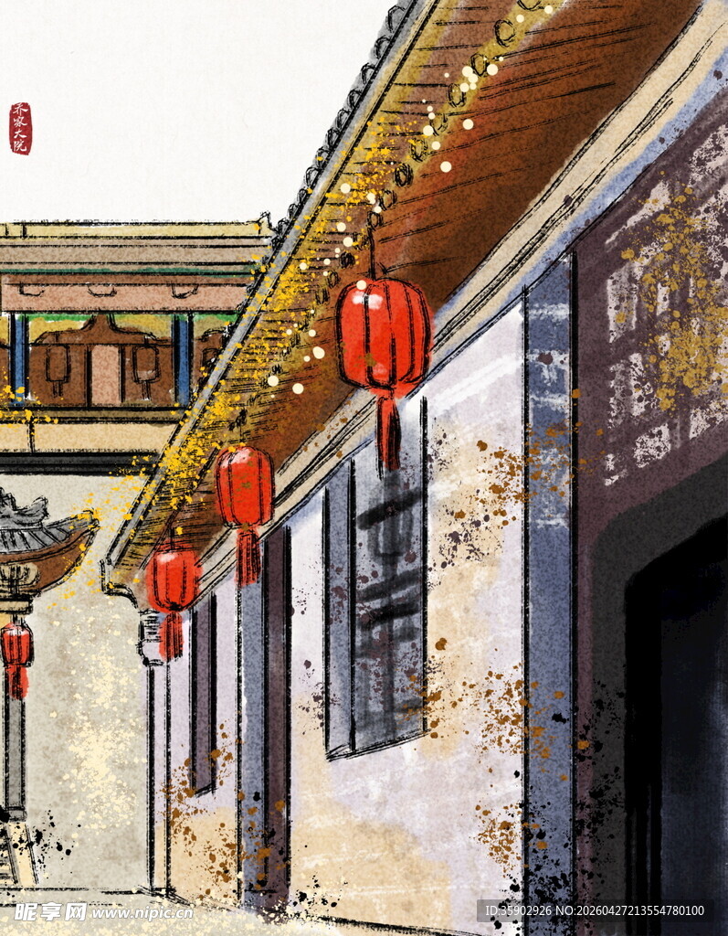 古巷挂红灯笼中式建筑