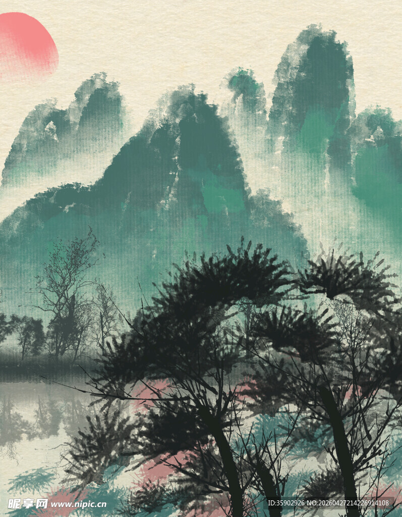 水墨山水间的日落美景
