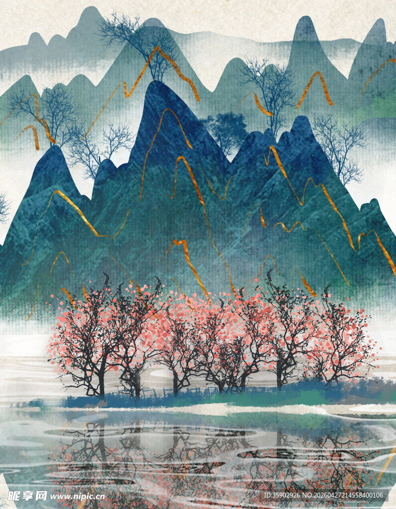 水墨山水间的烂漫桃林