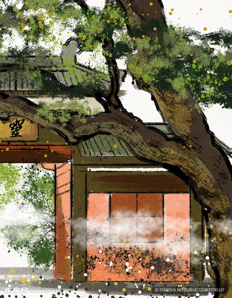 日式庭院古树下的静谧景致