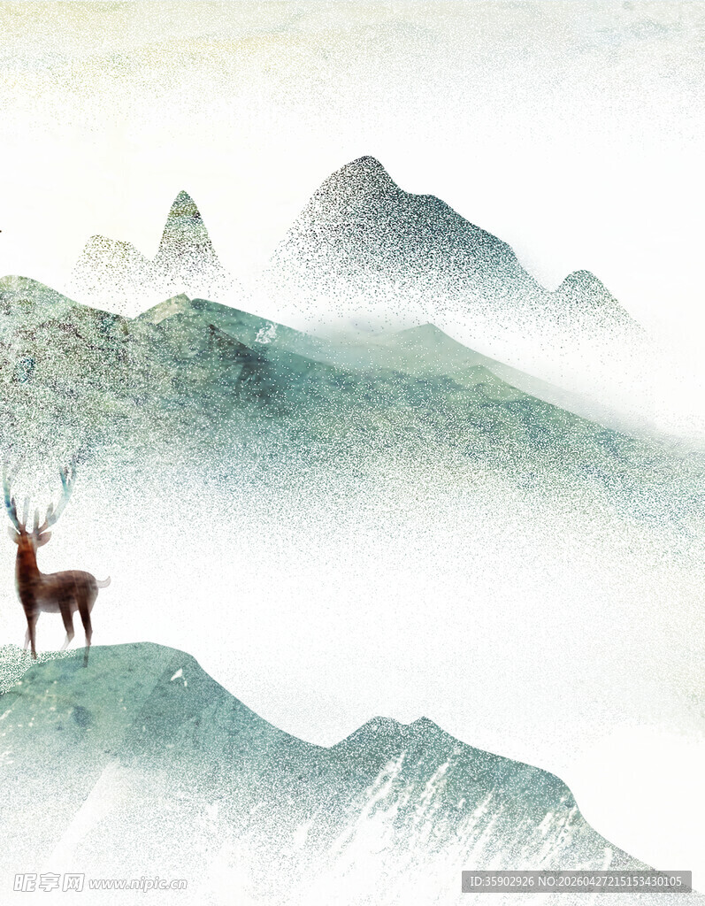 山间麋鹿云雾缭绕之景