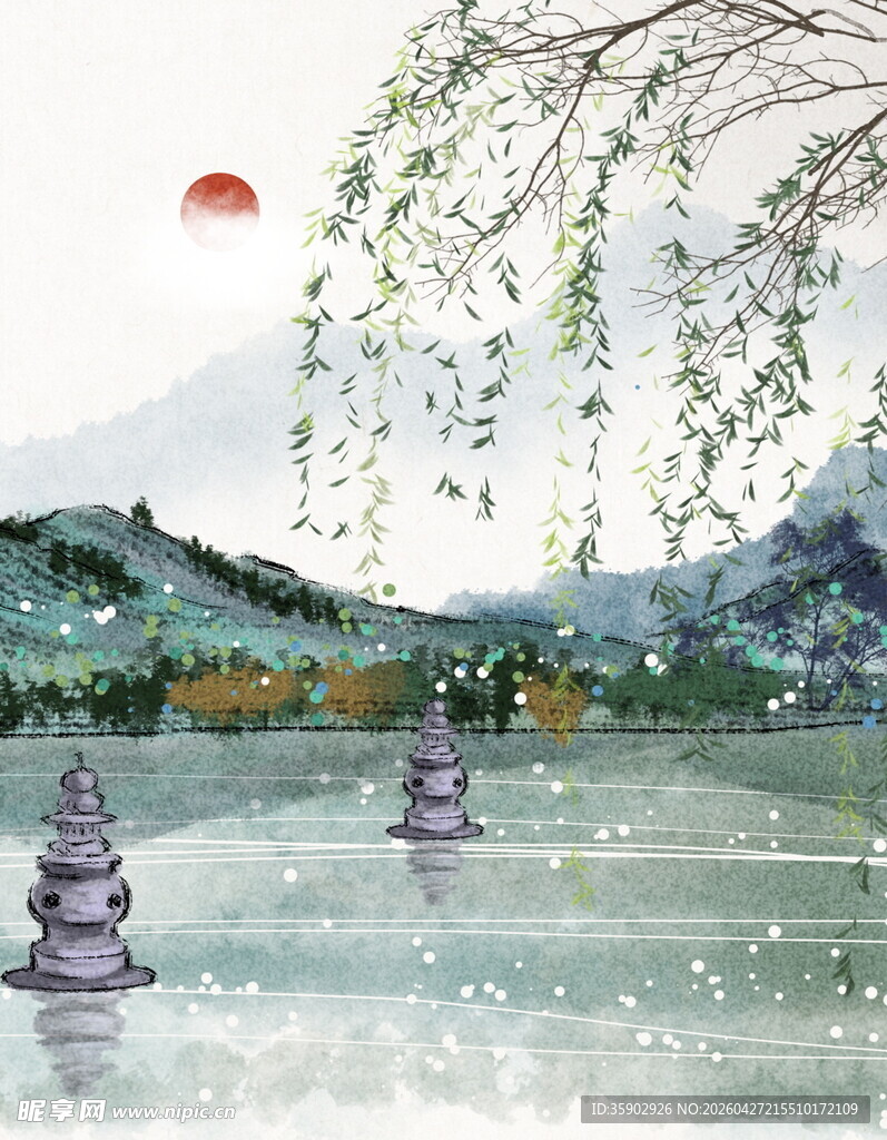 水墨湖景古塔春日风光