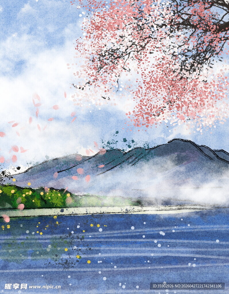 水墨山水间的烂漫樱花景