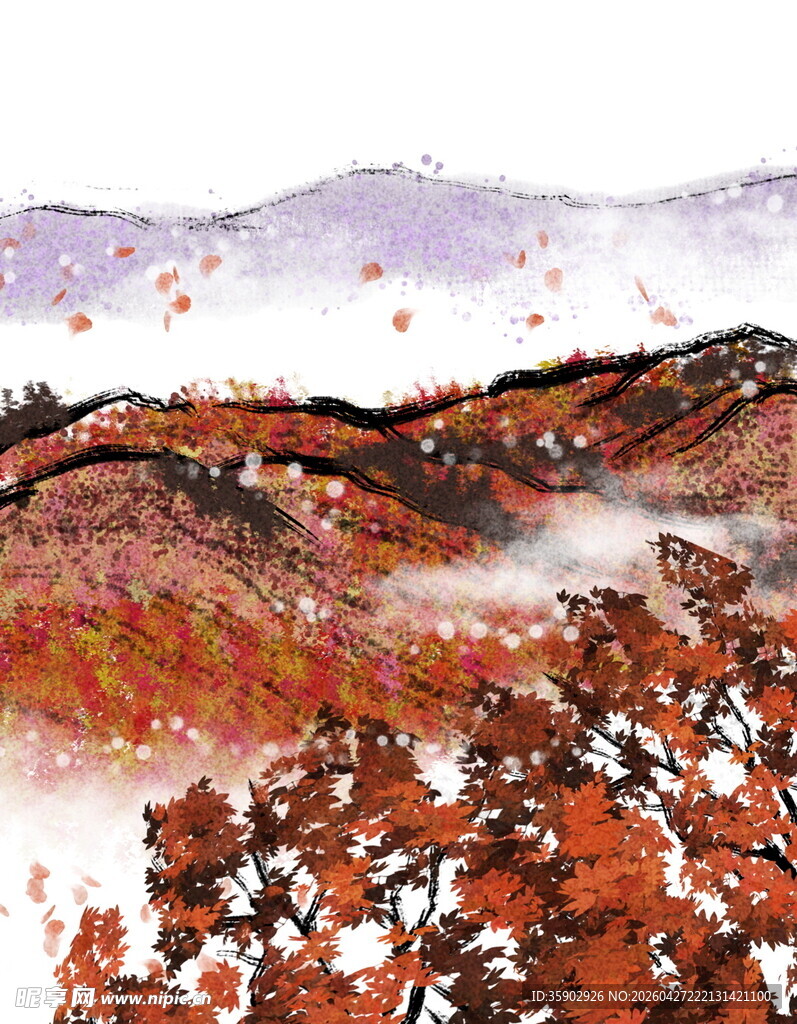 秋山红叶云雾缭绕之景