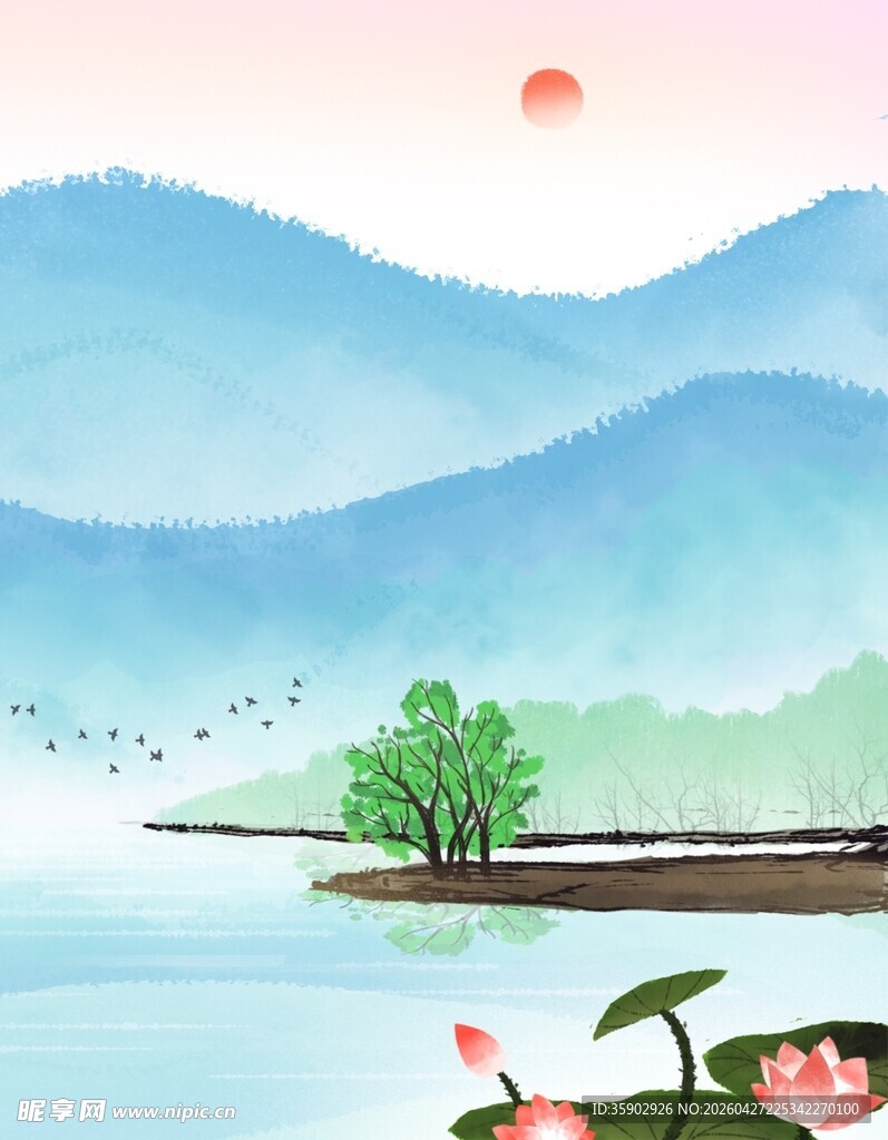 山水湖畔日出美景图