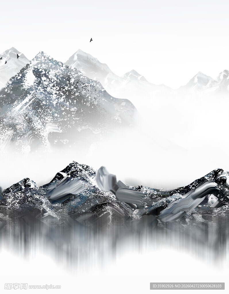 水墨山水间的巍峨雪山