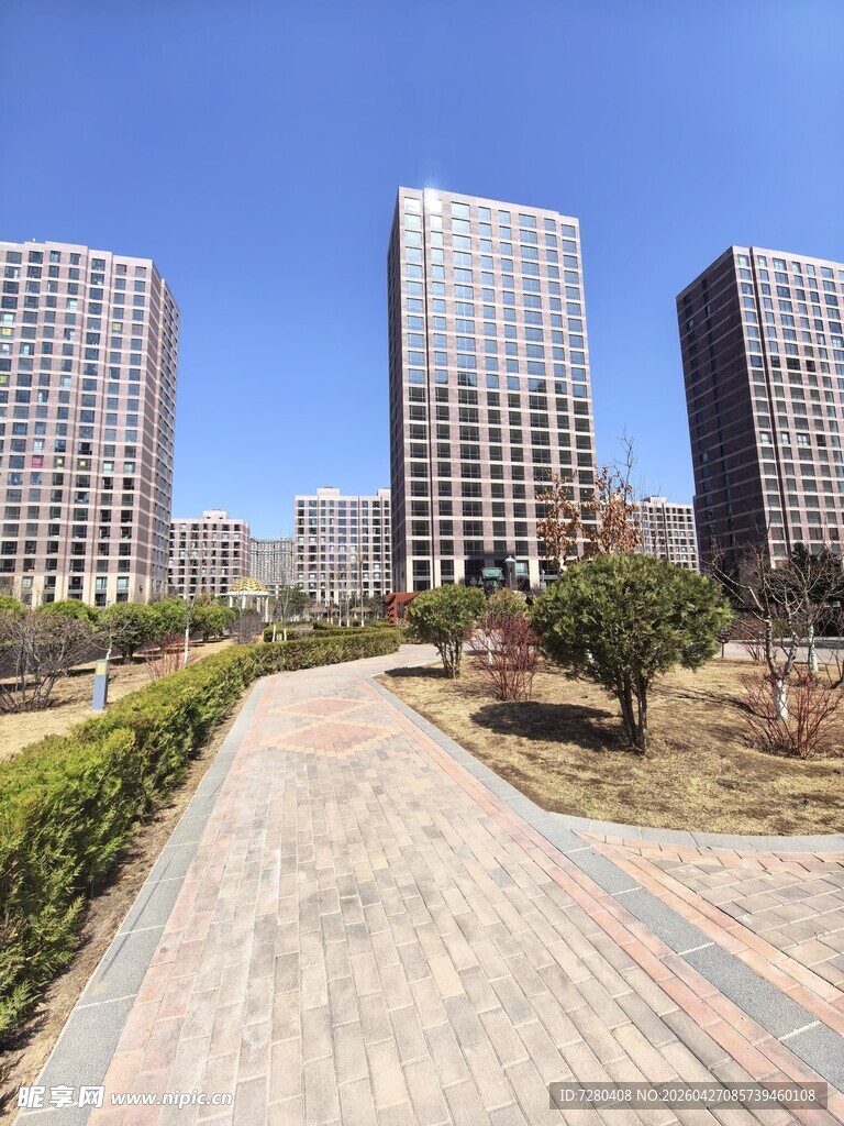 城市中宽阔步道与高楼景观