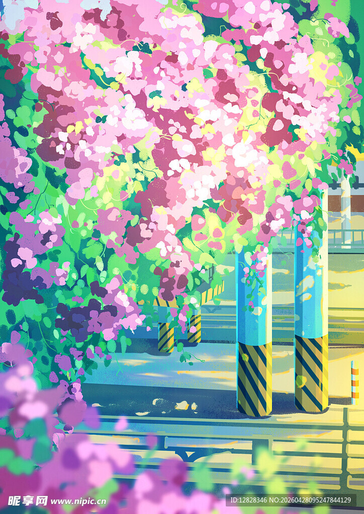 梦幻樱花下的铁路场景