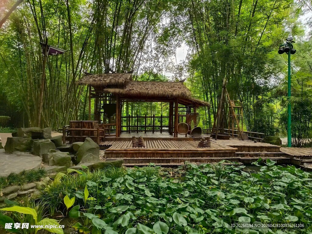 竹林荷塘中的雅致凉亭