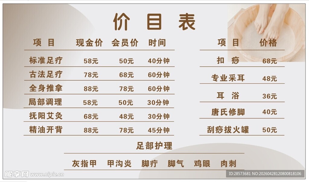 手展示价目表