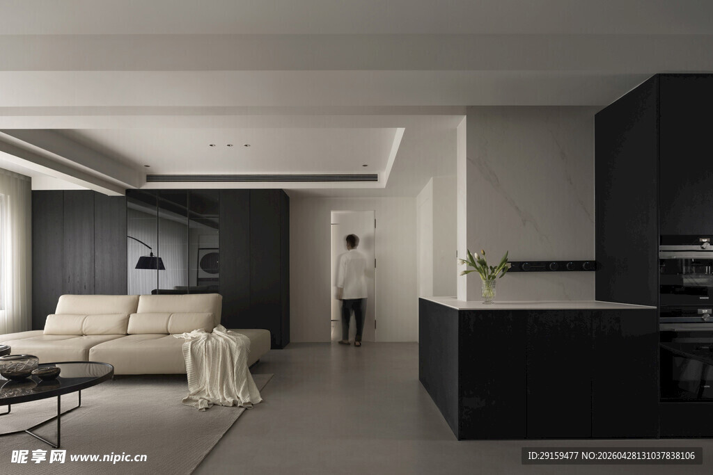 现代简约风客厅与厨房一角