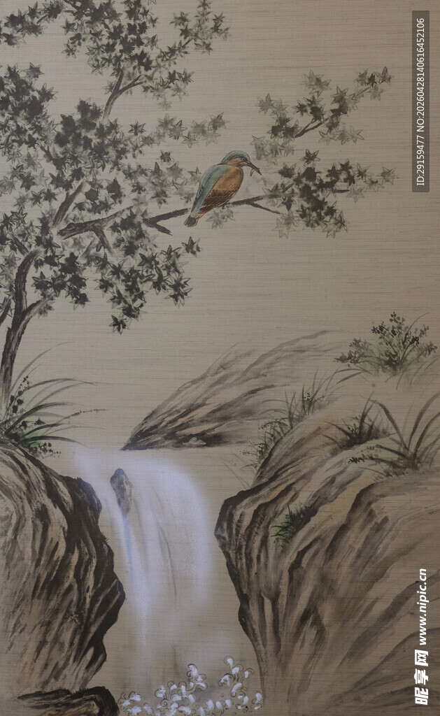 山水间飞鸟栖于树旁