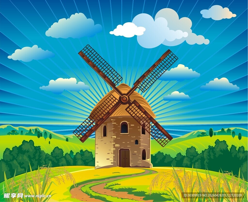 田园风车风景插画