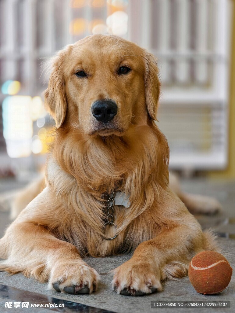 金毛犬趴地伴网球