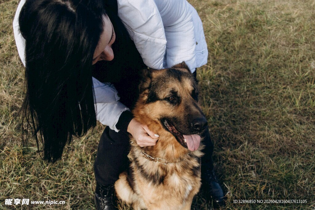 女子亲昵抚摸德国牧羊犬