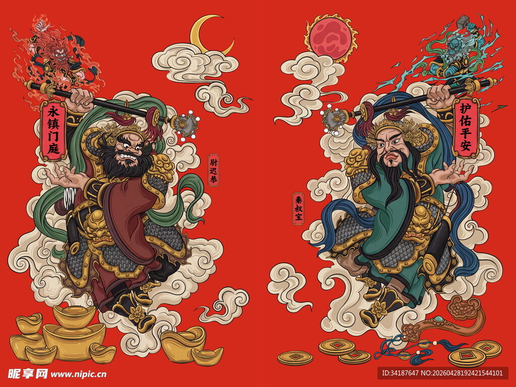 传统中式门神年画插画