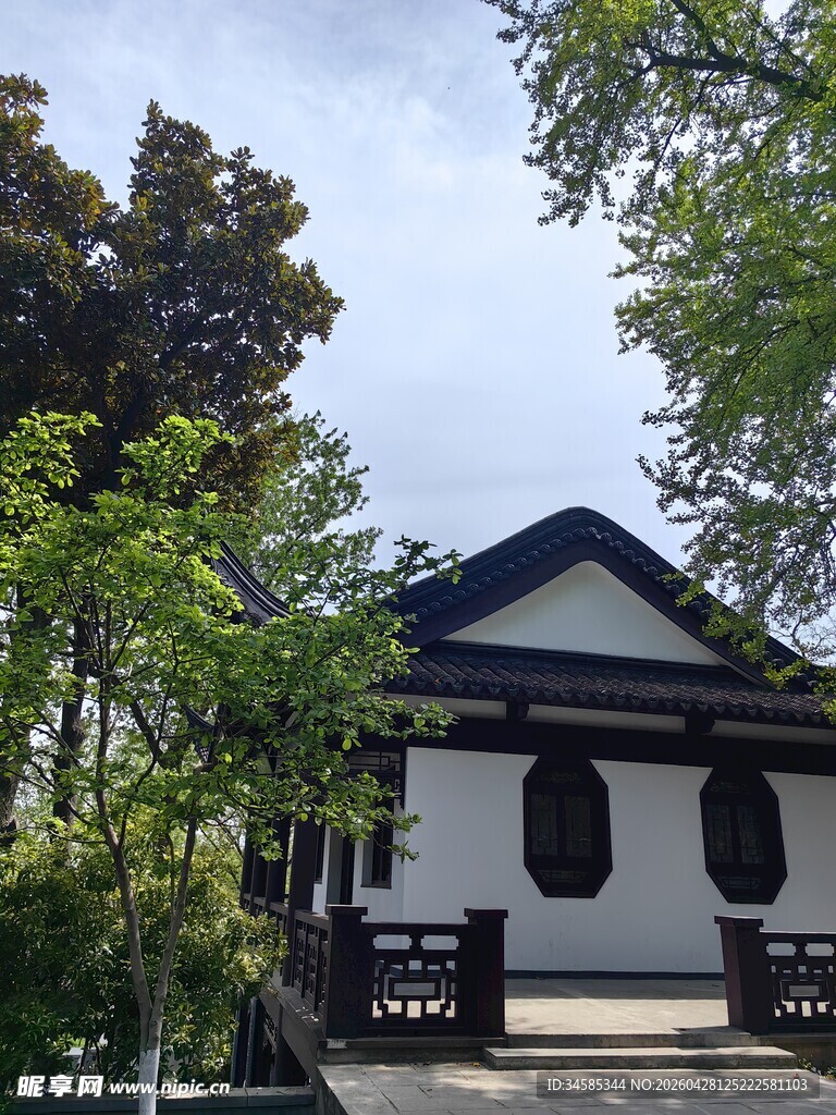 中式小屋隐于绿树之间
