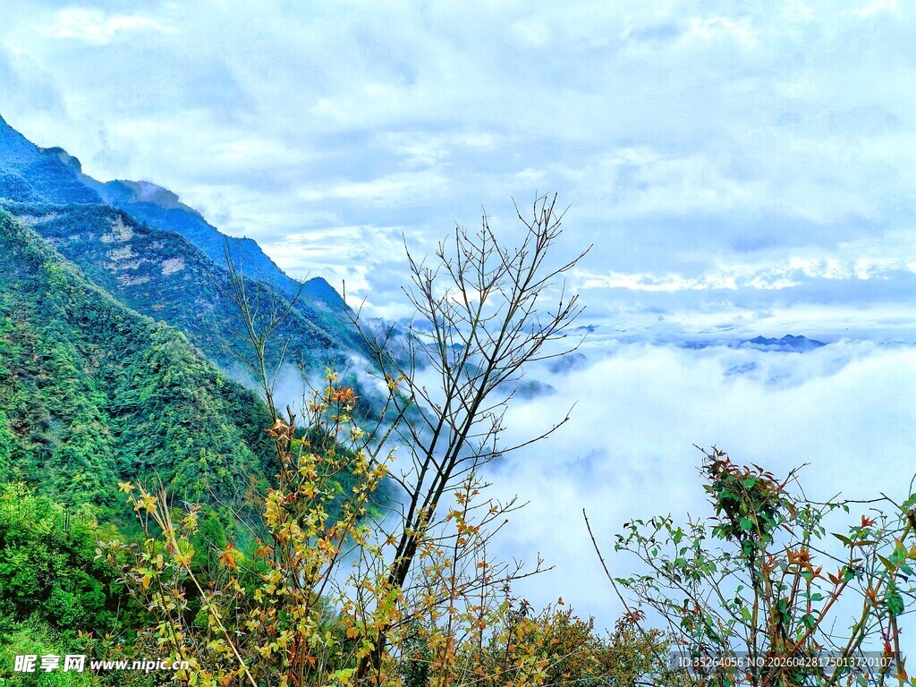 山间云雾缭绕的秀丽景致