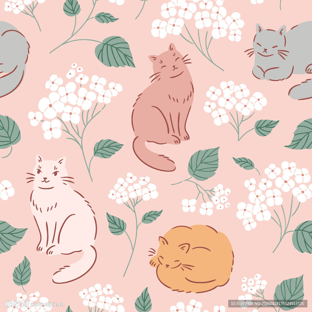 猫咪与花卉的温馨图案