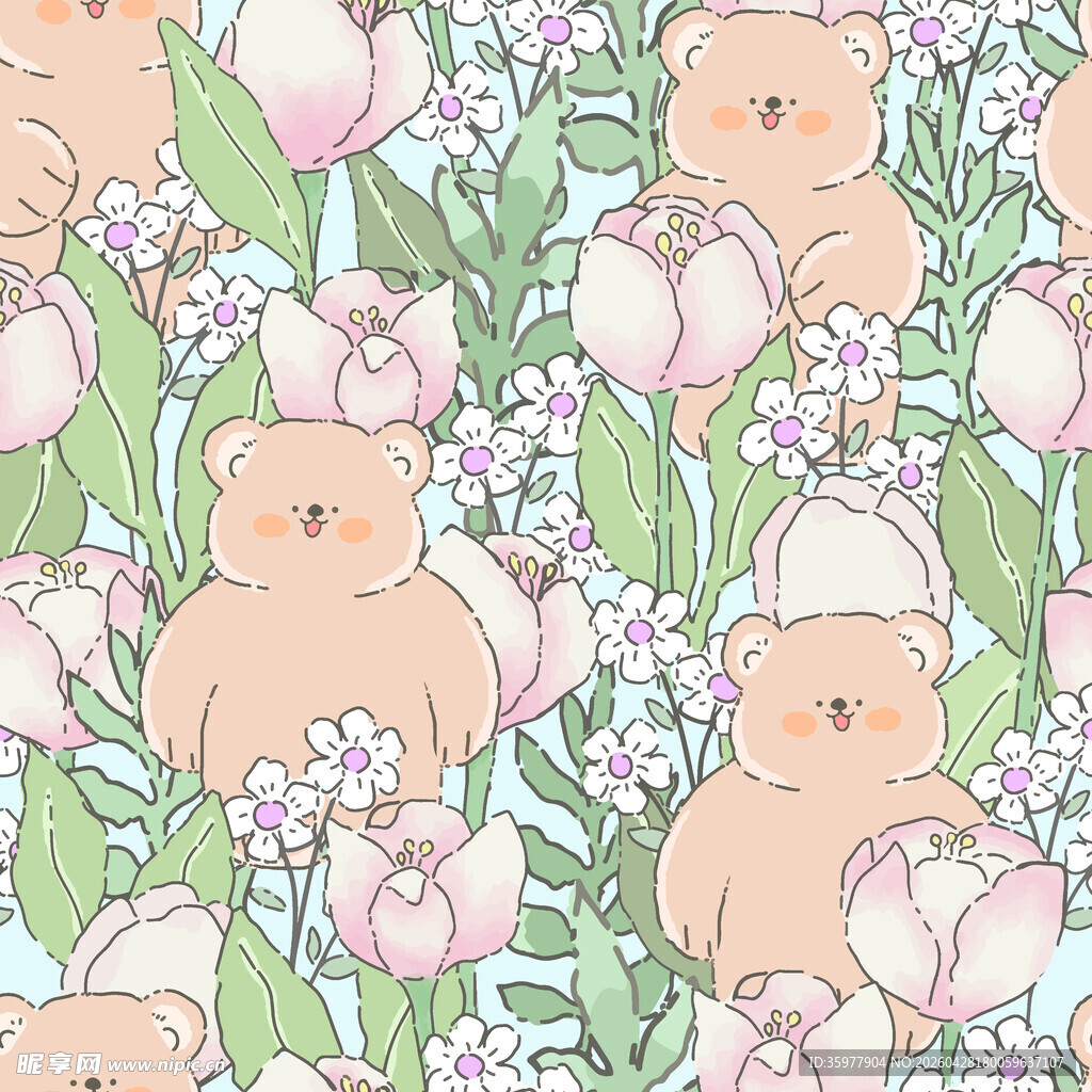 小熊与郁金香可爱插画