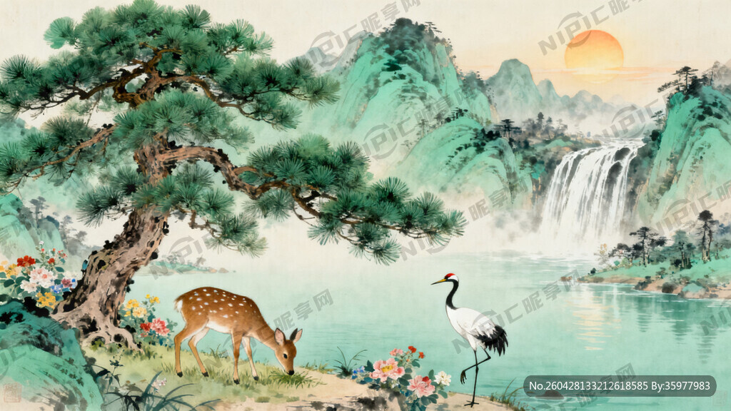 迎客松图 太阳在右边边有山
