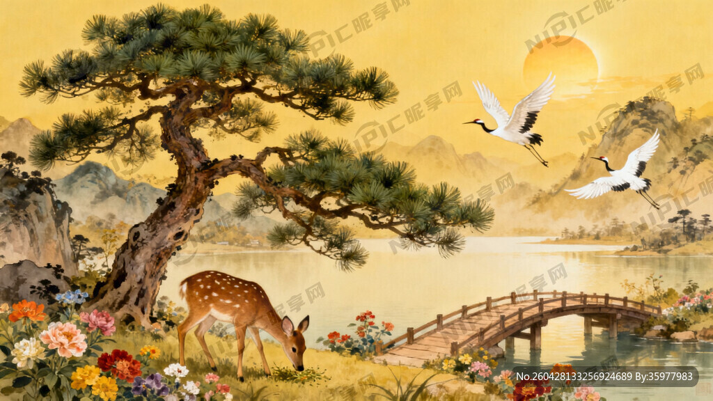 迎客松图 太阳在右边边有山