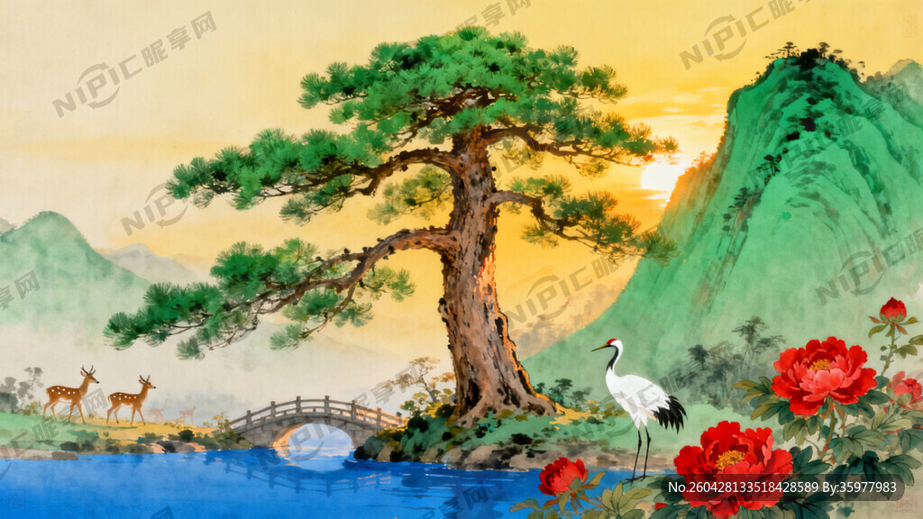 迎客松图 太阳在右边边有山