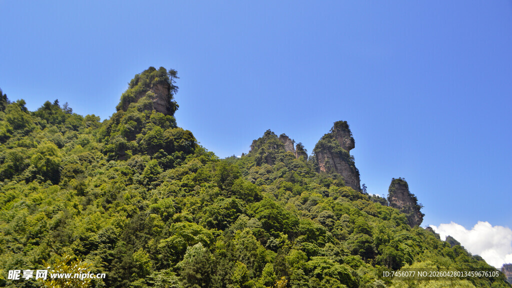 翠绿山峦中的奇特石峰