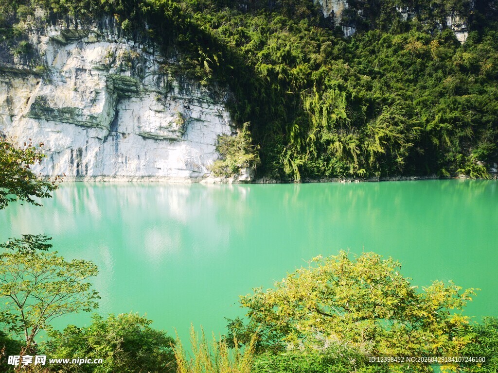 碧绿湖水伴葱郁山林