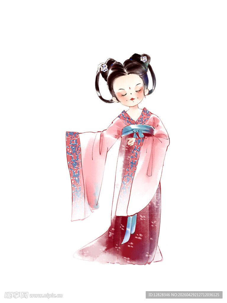 Q版水彩古风汉服少女翩翩起舞