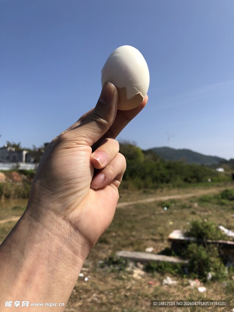 手举鸡蛋于户外风景中