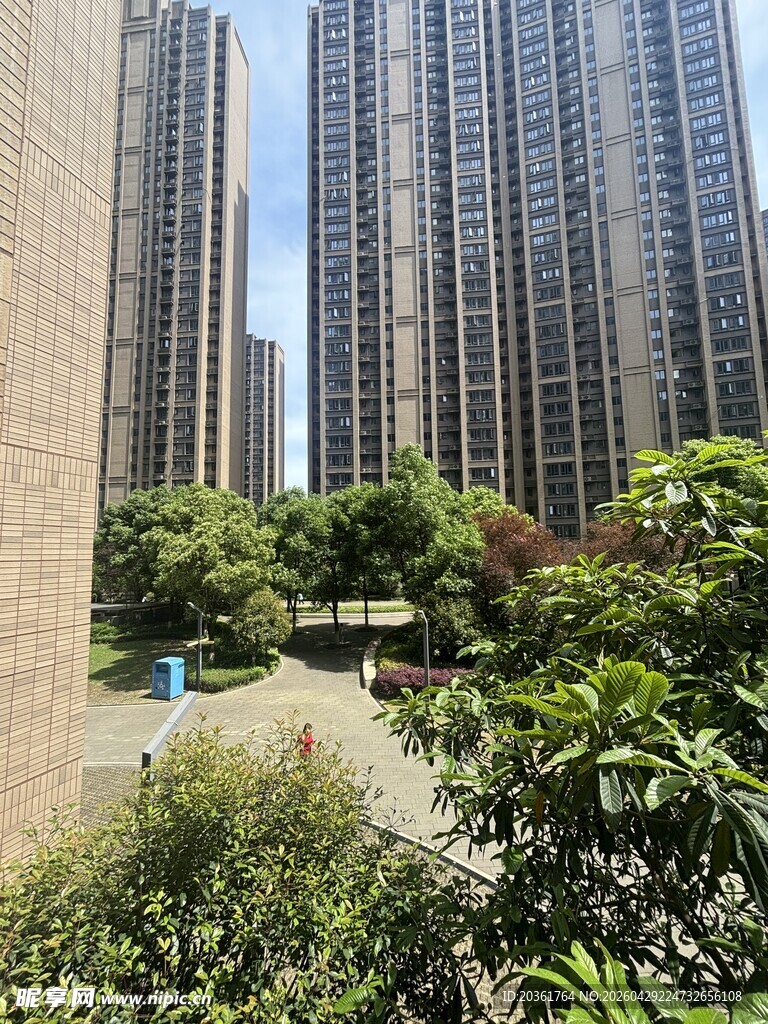 城市高楼间的绿意景观