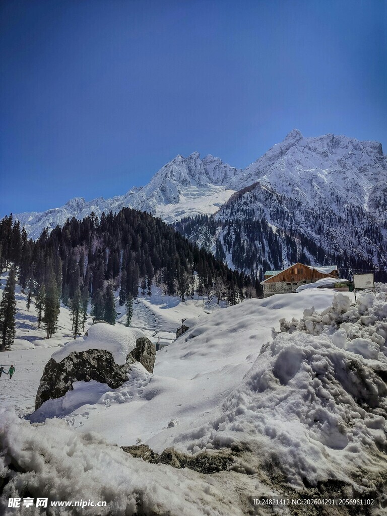 冬日雪山下的静谧景致
