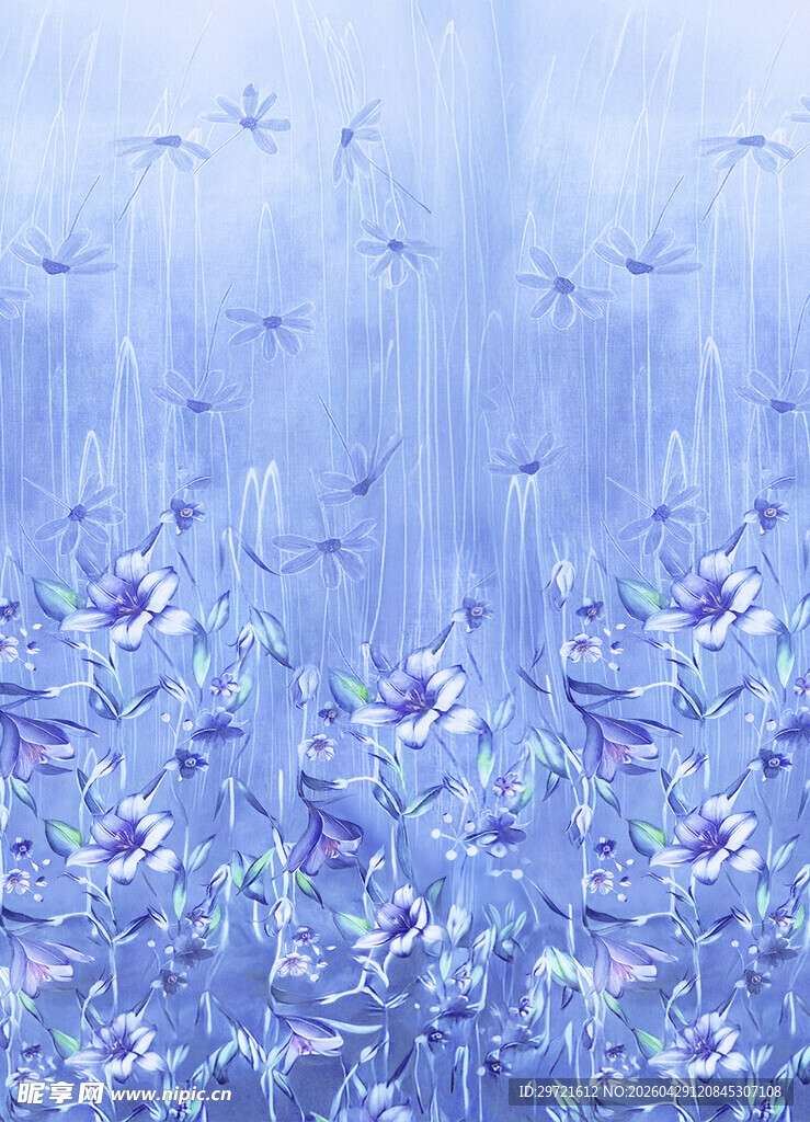 梦幻蓝紫色花卉雨滴景象