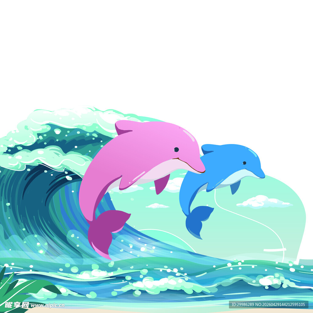 海豚跃出蓝色海浪画面