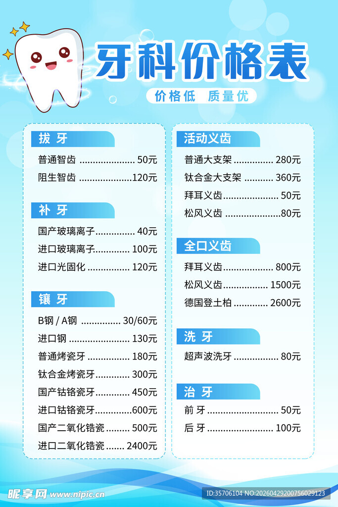 牙科价目表