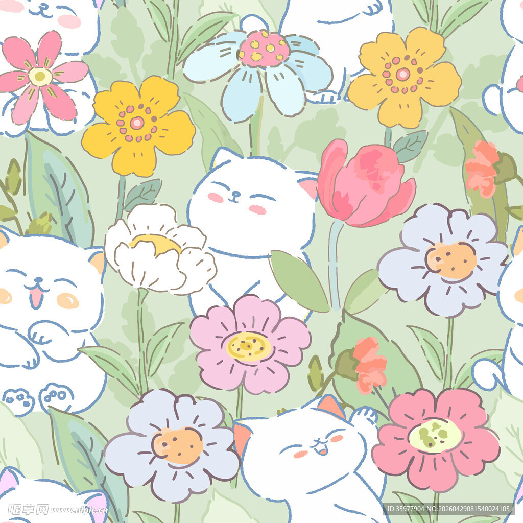 猫咪与花卉的可爱图案