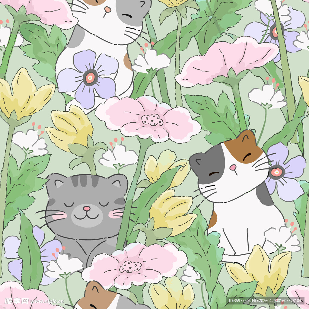 花丛中的猫狗萌趣插画