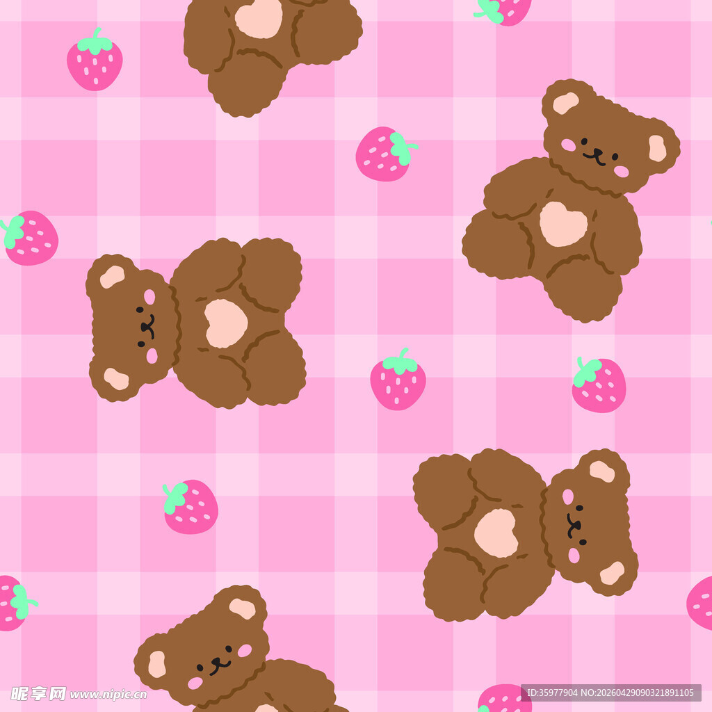 粉色小熊草莓格子图案