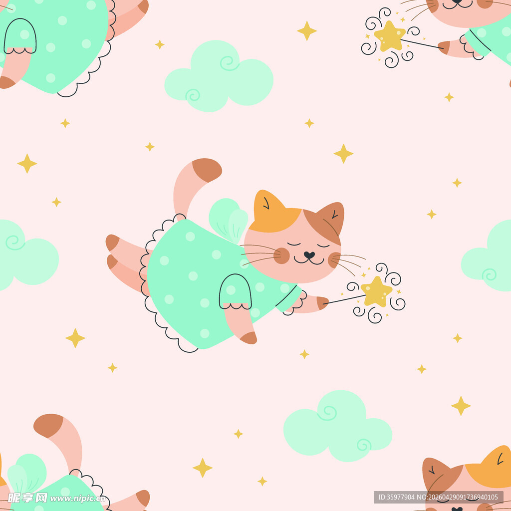 飞翔猫咪梦幻图案背景