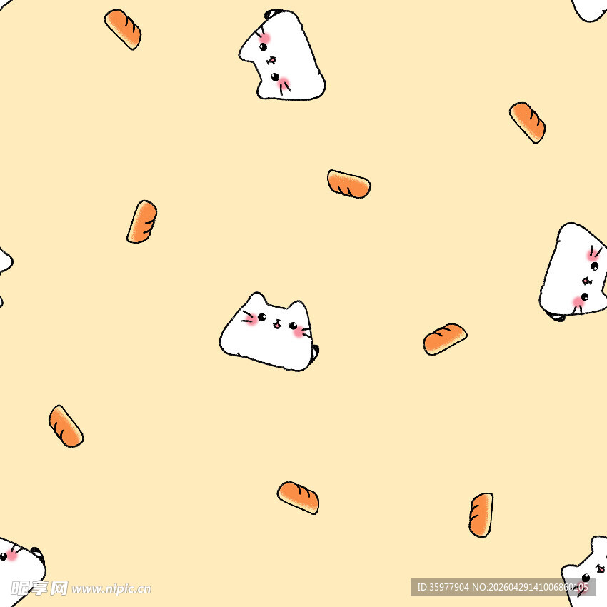 卡通猫咪与零食无缝图案