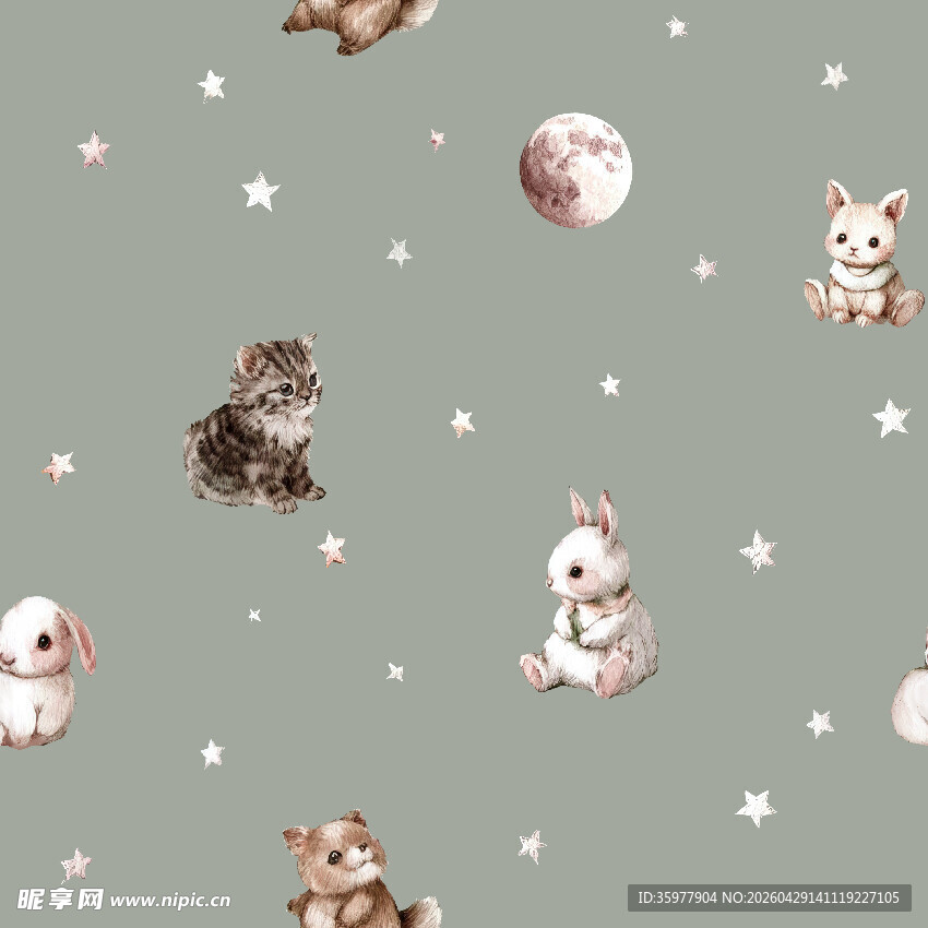可爱动物与星星月亮图案