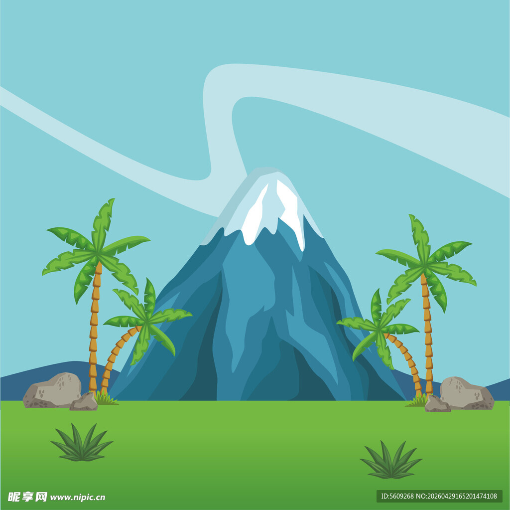 热带山脉树木场景插画