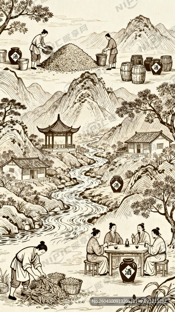 中式酿酒生活长卷：背景是排线勾