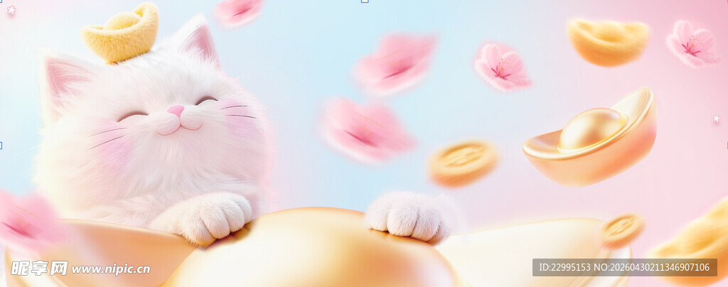 花朵飘扬的温柔抱元宝猫咪