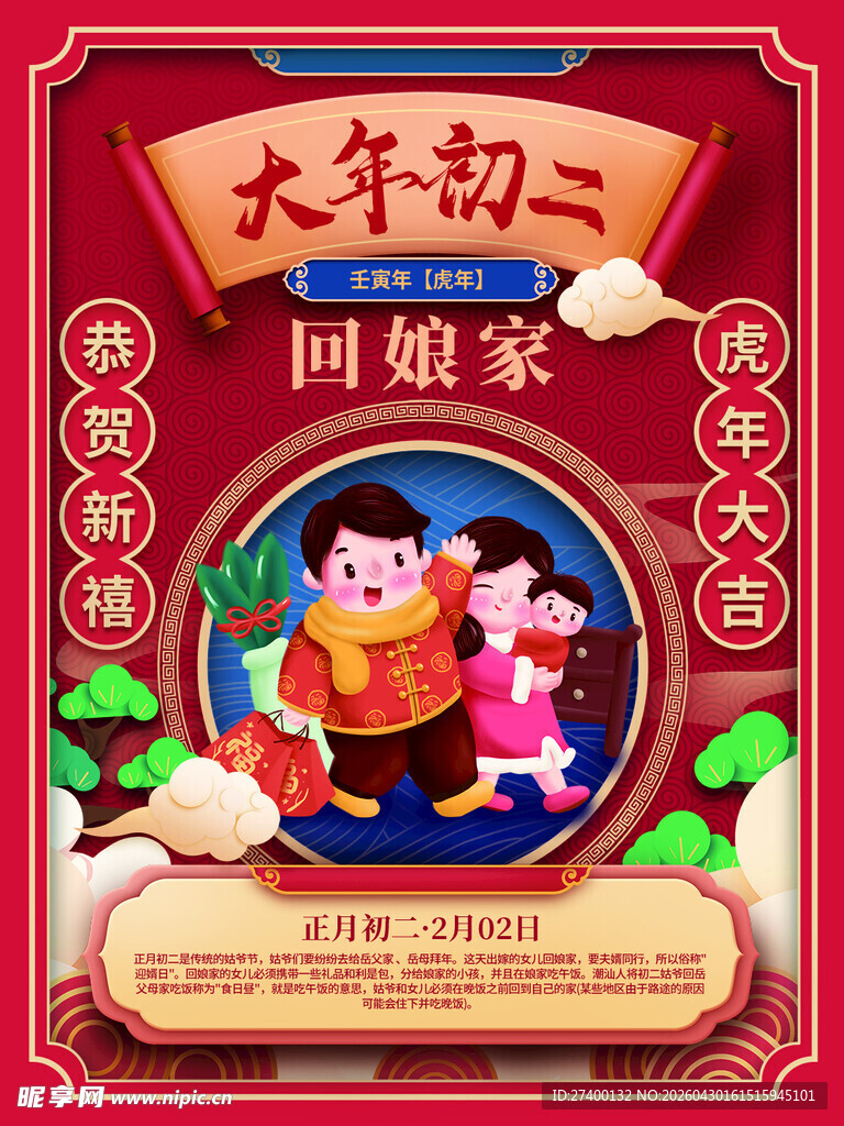 大年初二回娘家喜庆海报