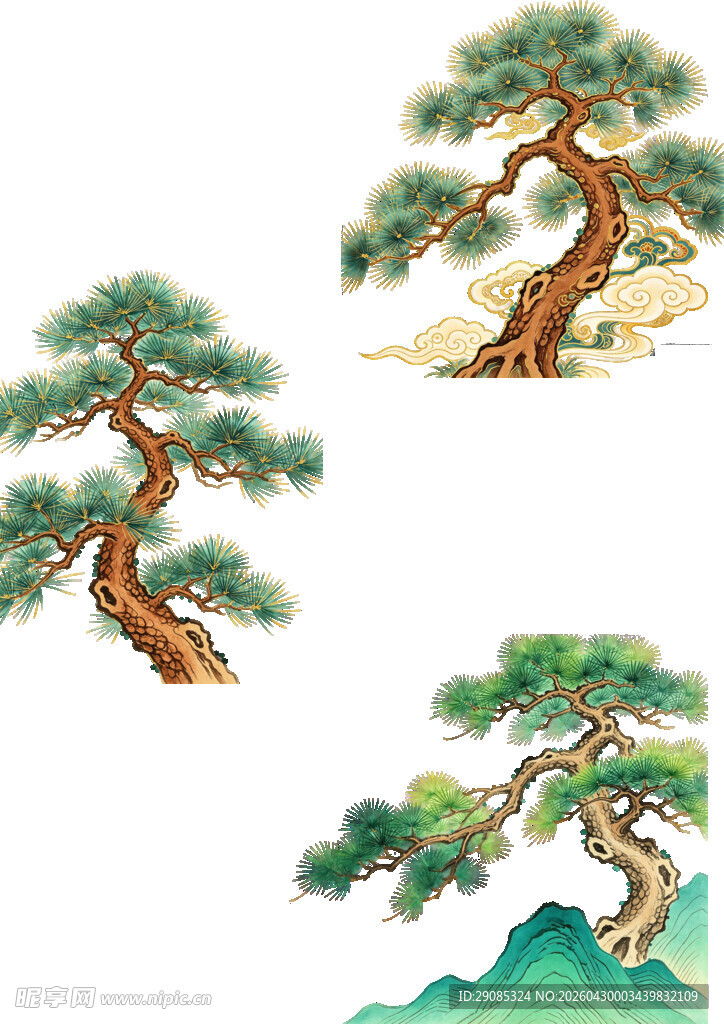 三幅中式松树绘画作品
