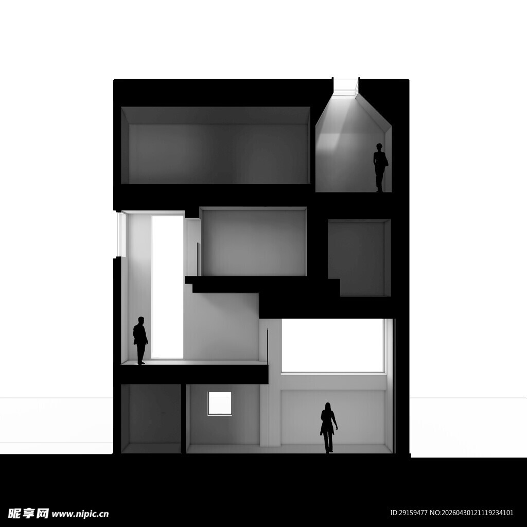黑白建筑剖面图与人物