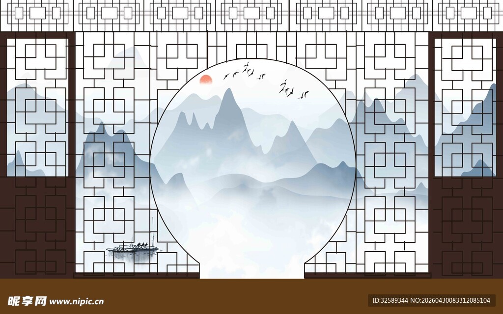 中式山水屏风装饰画