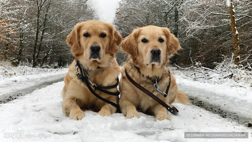 雪地中的两只金毛犬